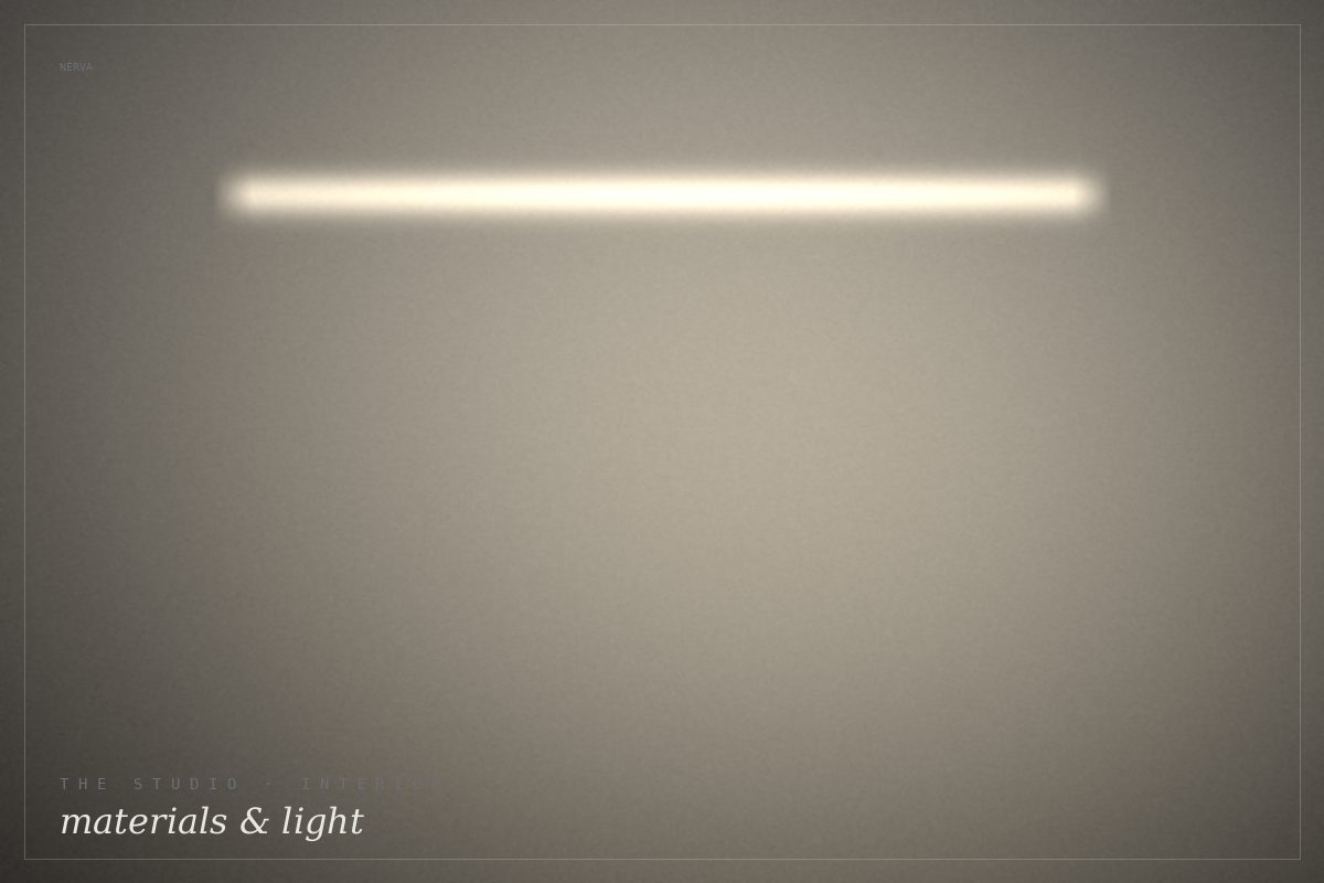 The Nérva studio interior — linear light, polished concrete